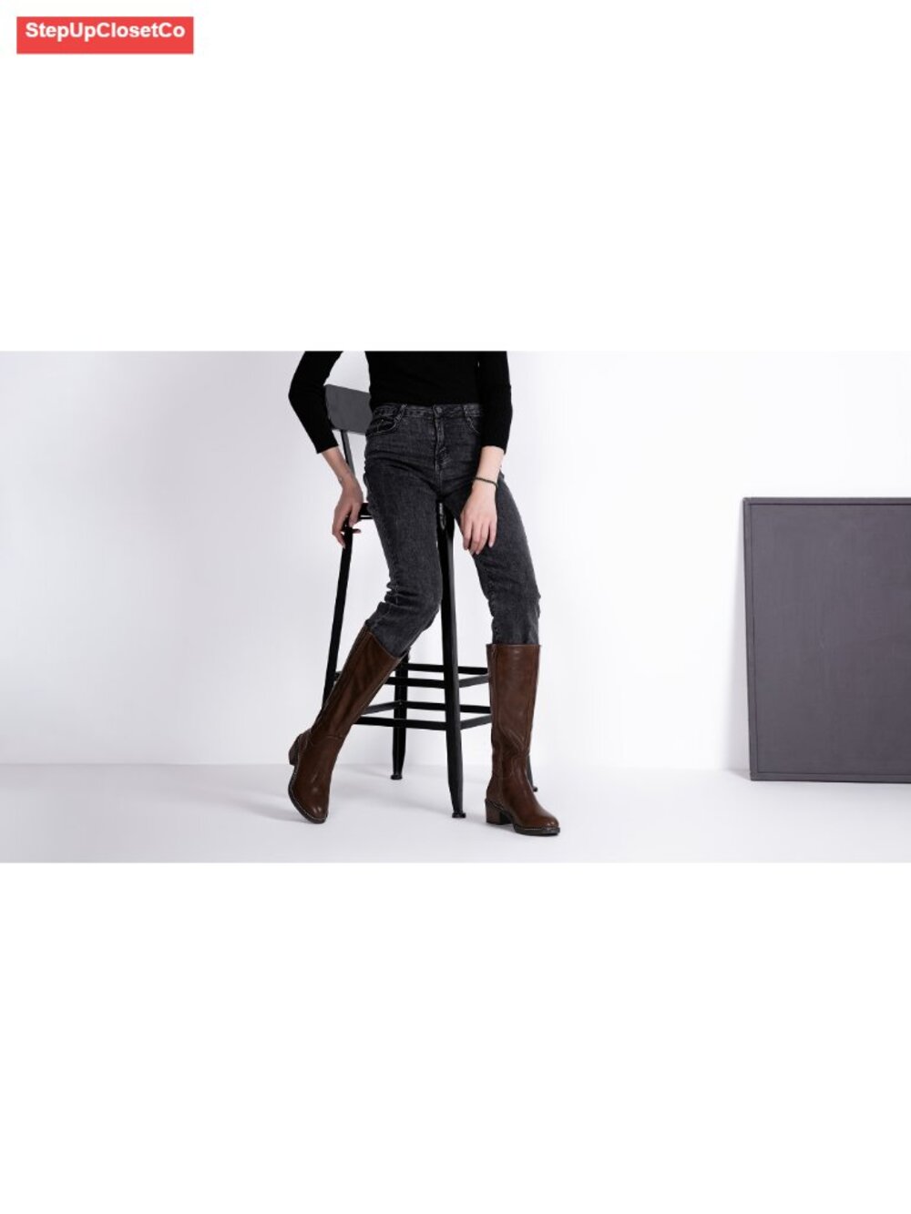 Women's Knee High Faux Leather Boots Memory Foam Block Heel Equestrian - Picture 6 of 6